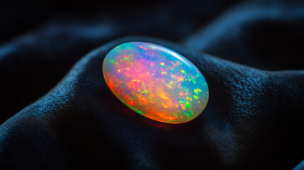 Oval opal stone with sparkling rainbow colors, placed on black velvet cloth, light reflection creates a dazzling spectrum of colors, luxurious and artistic 