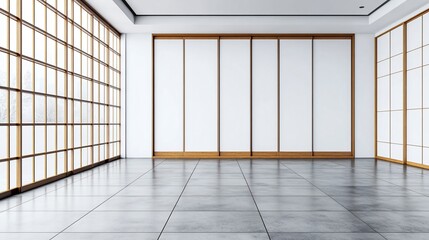 Minimalist Japanese room, shoji screens, winter view, empty space, interior design