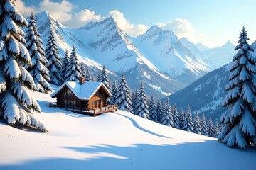Fototapeta premium Snowy pine trees surround a wooden cabin nestled in the mountain, snow, pine trees, mountains