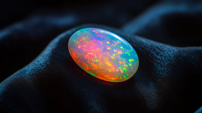 Oval opal stone with sparkling rainbow colors, placed on black velvet cloth, light reflection creates a dazzling spectrum of colors, luxurious and artistic 
