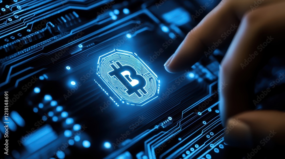 Poster closeup of finger poised above bitcoin displayed on computer monitor, exploring cryptocurrency inves