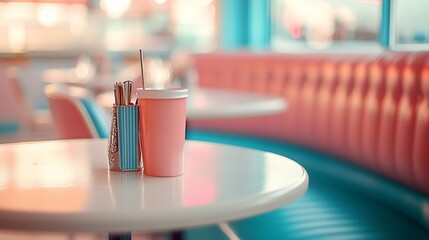 Pink drink sits on diner table, pastel booth background, ready for customer