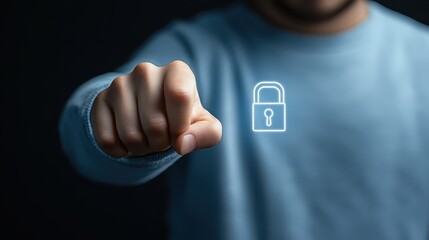 Man pointing with padlock on finger, symbol of security and access control