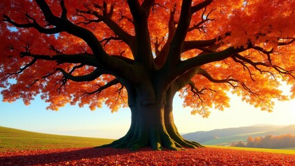 A sugar maple tree with vibrant red, orange, and gold leaves, a textured trunk, and a leaf-covered ground under warm autumn sunlight.