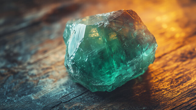 Raw alexandrite stone with natural shape and green color with slight red reflection, placed on a wooden table with natural lighting that emphasizes its texture and color changes, 