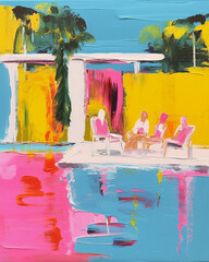 contemporary painting of a 1960s Palm Springs house party with umbrellas, chairs, pool, and palm trees using muted pastel colors