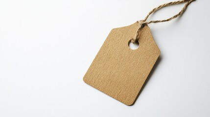 Blank wooden tag, twine, white background, mockup, marketing