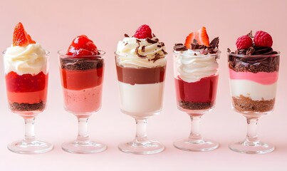 Close-up of elegant glass desserts themed around fruits such as strawberries and blueberries, each with unique layers and textures. Generative AI 