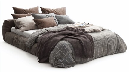 Modern bedroom, cozy bed, neutral tones, styled bedding, studio shot, website design