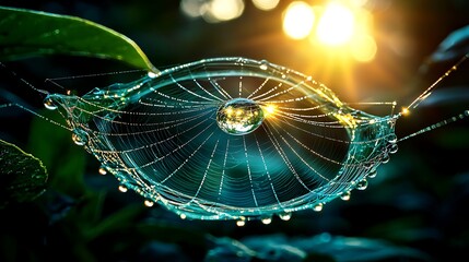 Dew-covered spiderweb reflecting sunrise, nature scene, background blur, ideal for nature posters