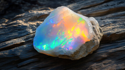Raw opal stone with natural texture, rainbow color blending with milky white on the surface