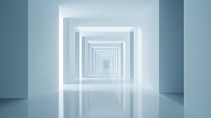 Obraz premium Futuristic white corridor receding into light, reflective floor, architectural design, website banner