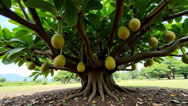 A breadfruit tree with a spreading canopy, lobed leaves, and large spherical fruits in a vibrant tropical setting.