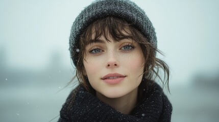Young woman in winter hat and scarf, snow falling softly around her.  Beautiful portrait in cool tones.