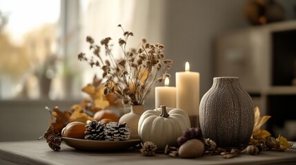 Autumnal table centerpiece, candles, pumpkins, fall leaves, cozy home interior, Thanksgiving decor