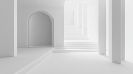 White minimalist hallway, arched doorway, stairs, product display