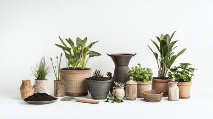 Obraz premium Studio shot potting plants, gardening tools, soil, white background, home decor