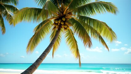 A coconut palm tree with an inclined trunk, fan-like fronds, and clusters of coconuts, standing on a sandy beach under a clear tropical sky.