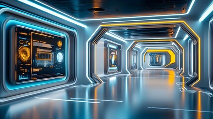 Obraz premium futuristic spaceship corridor, neon lights - futuristic & sci-fi