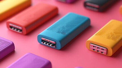 Colorful USB drives arranged on a pink surface