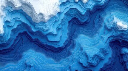 Fototapeta premium Abstract blue topographic map, 3D rendering of layered contours, depicting terrain elevation.