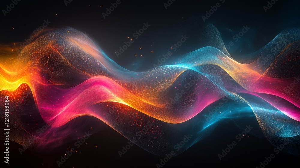 Poster abstract colorful waves flowing with sparkling particles
