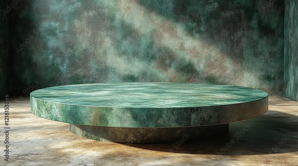 Poster a minimalistic circular table in a textured, atmospheric environment.