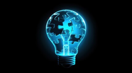 Glowing Puzzle Pieces Forming a Light Bulb Design in a Conceptual Representation of Creativity and Problem Solving
