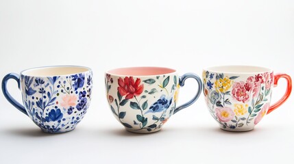 Floral mugs, studio shot, white background, tea, gift