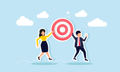 A businessman and businesswoman together carry a target board with joy, illustration of a joint venture or business collaboration to effectively achieve business targets