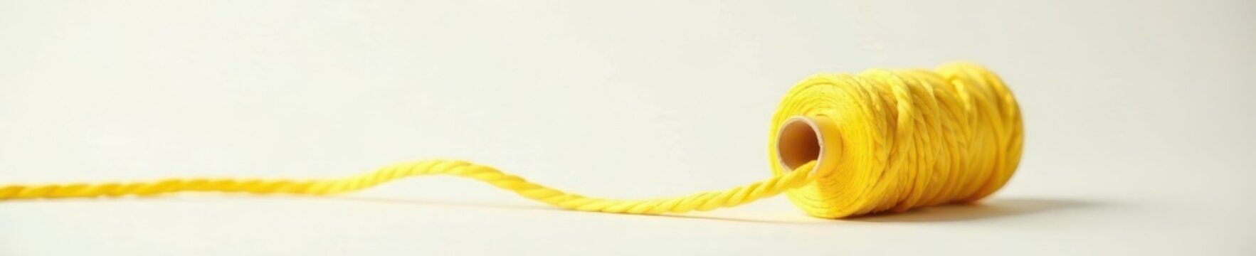 Thread coiled on yellow spool against soft white background, fabric roll, sewing, yellow thread