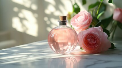 Pink perfume bottle with roses. Sunlight creates shadows on a marble surface. A serene and elegant image.
