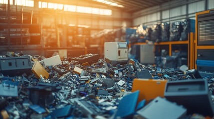Electronic waste recycling plant; heap of discarded tech; sunlit warehouse