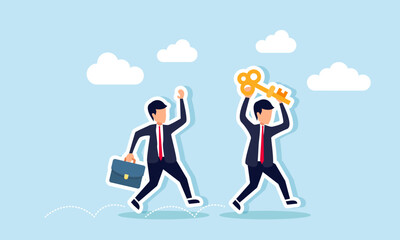 A businessman chases another businessman carrying a key, illustration of seeking solutions through consultation with a business partner