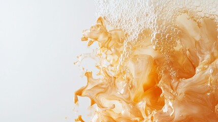 Amber liquid splash, frothy, white background, beverage advertisement