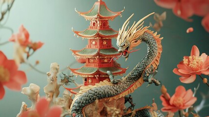 Obraz premium A Detailed Chinese Dragon and Pagoda Scene in a Dreamy, Flowery Setting