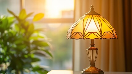 Illuminated Tiffany-style lamp on table, sunset window view, home d?cor