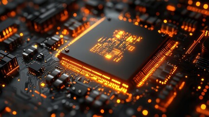 Glowing Orange Microchip on Circuit Board