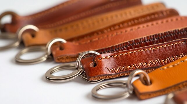 Leather keychains arranged on white background, showcasing handcrafted detail, for website product display