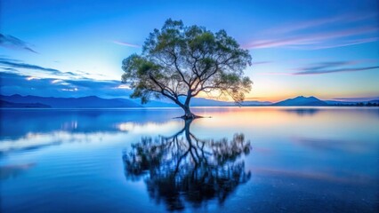 Serene Sunset Landscape Solitary Tree Reflecting in Calm Waters, Majestic Mountain Silhouette at Dawn