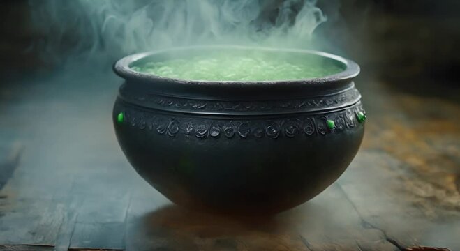 A mystical cauldron emits green smoke, set on a rustic wooden table, evoking a magical atmosphere