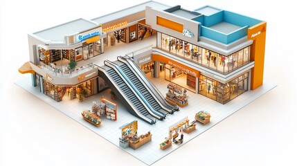 Shopping mall aerial view, escalators, stores, retail, white background, architectural design