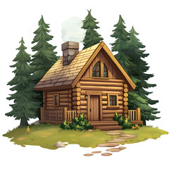 Luxurious wooden cabin surrounded by pine trees