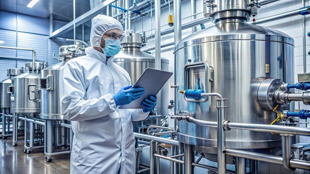 Person in a cleanroom suit working with a stainless steel tank in a laboratory setting. Emphasizes safety and precision in pharmaceutical or biotech processes.