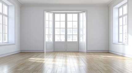Empty bright room, French doors, city view, hardwood floor, home design