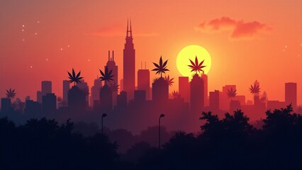 Naklejka premium A city skyline blending into cannabis leaves at sunset. A striking mix of urban and natural aesthetics for modern, creative projects.