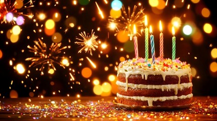 Festive Birthday Cake With Sparkling Candles