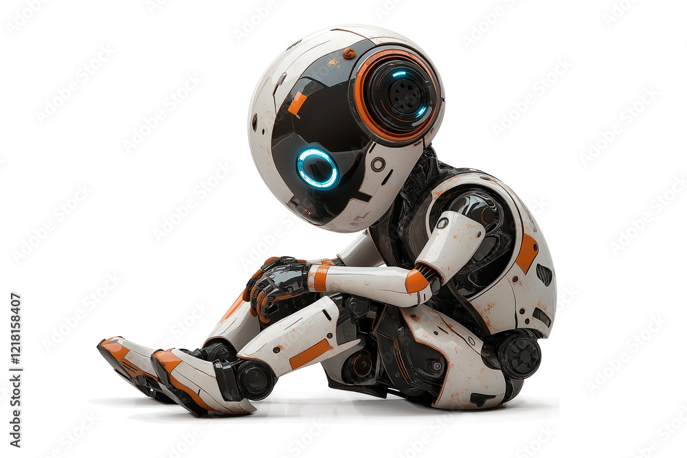 Poster ai robot sitting on the ground with a thoughtful expression in a transparent isolated background