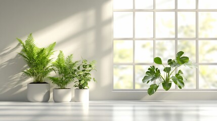 Sunlit plants, minimalist room, window view, interior design