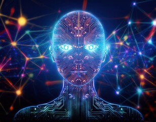 An abstract depiction of artificial intelligence, featuring an ethereal face made of glowing digital circuits blending into a neural network of colorful, floating data nodes